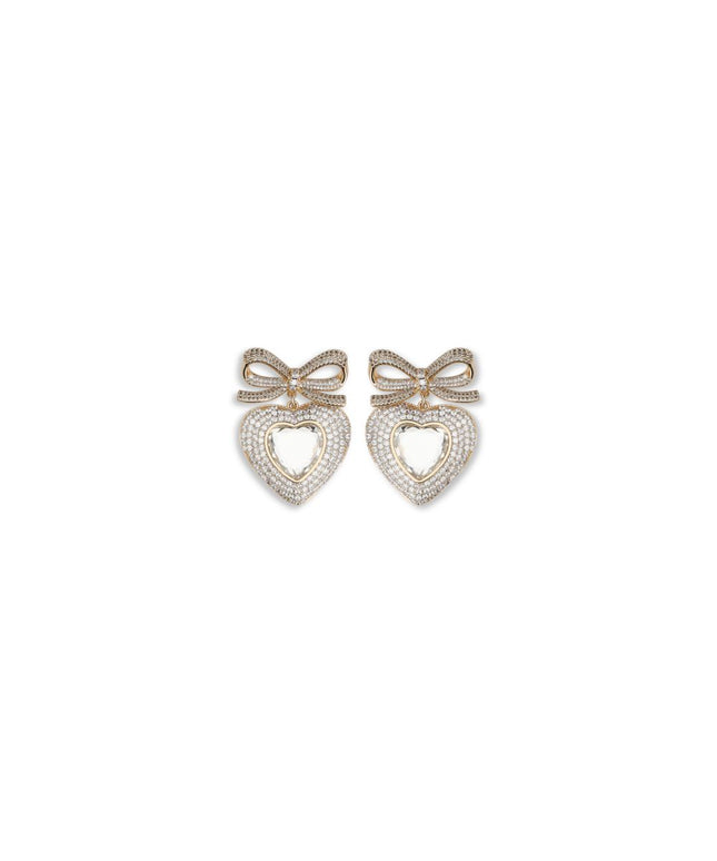 Self-Portrait Heart shaped bow Earrings featuring gold-tone metal with crystal embellishments in a heart and bow design, ideal for women’s accessories.