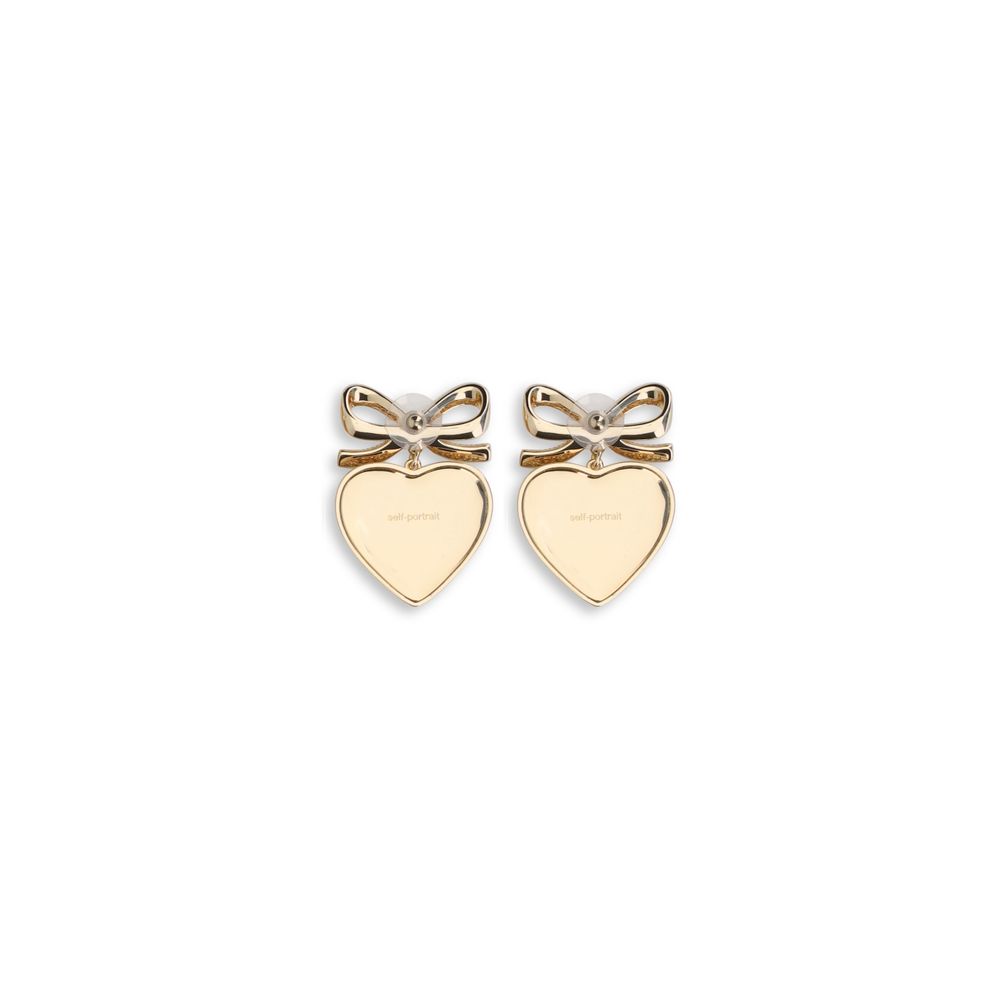 Back view of Self-Portrait Heart shaped bow Earrings in polished gold-tone finish with engraved branding, elegant jewellery for women’s fashion.