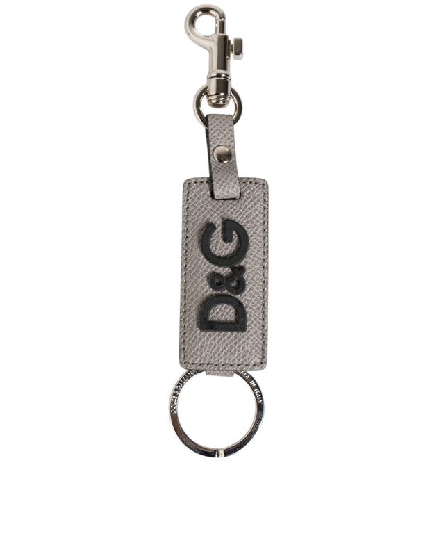 Dolce & Gabbana Gray Leather Logo Metal Ring Keychain Holder Keyring