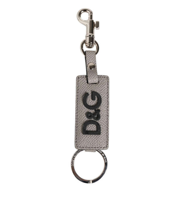 Dolce & Gabbana Gray Leather Logo Metal Ring Keychain Holder Keyring