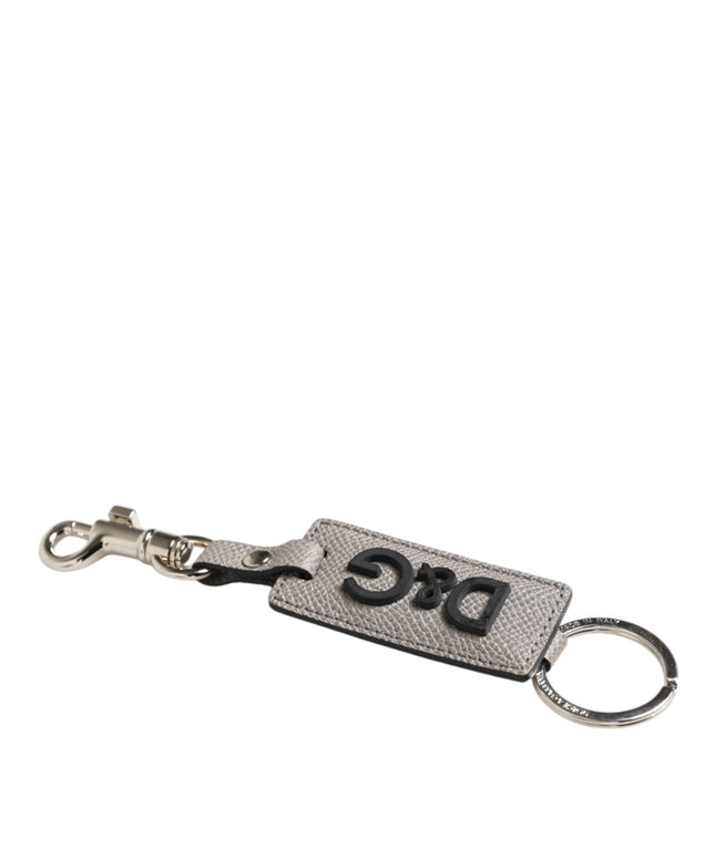 Dolce & Gabbana Gray Leather Logo Metal Ring Keychain Holder Keyring