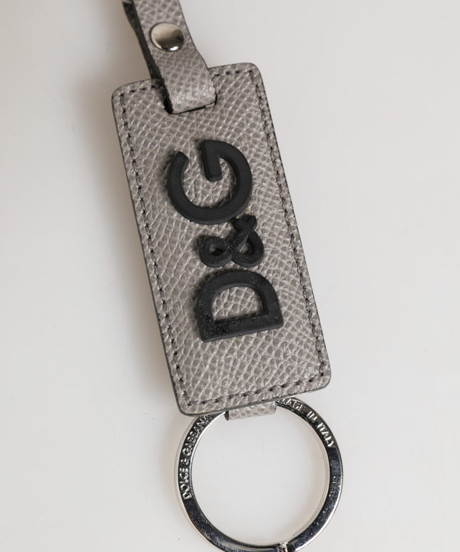 Dolce & Gabbana Gray Leather Logo Metal Ring Keychain Holder Keyring