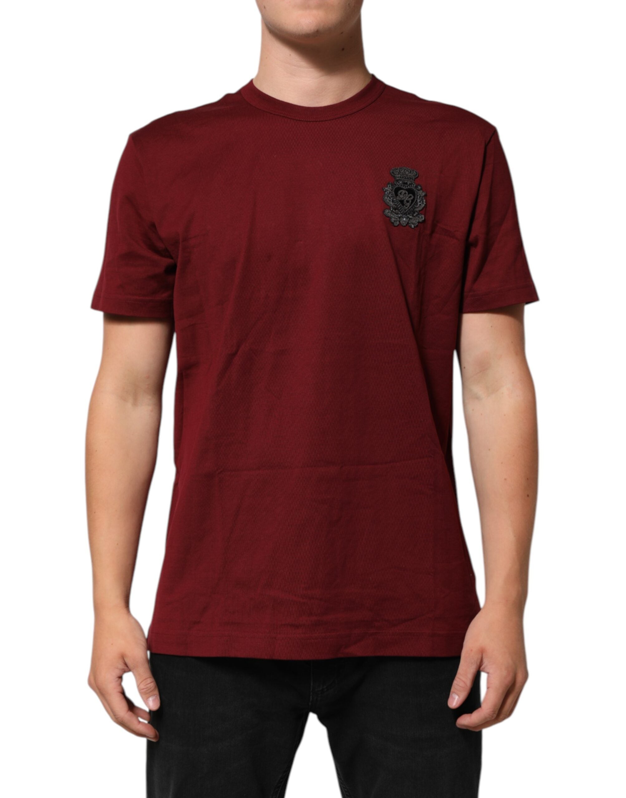 Dolce & Gabbana Bordeaux Red Cotton Crest Logo Patch T-Shirt