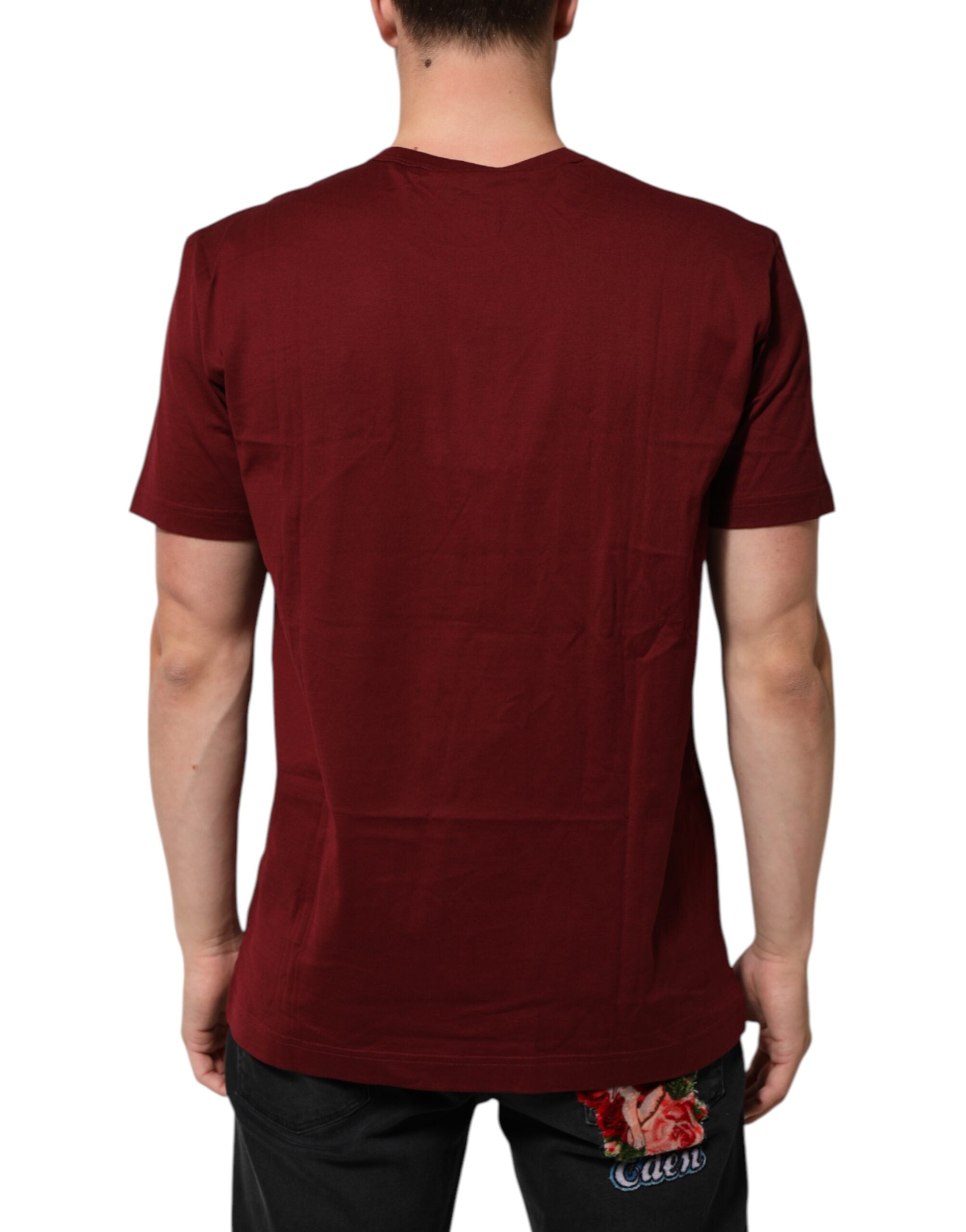 Dolce & Gabbana Bordeaux Red Cotton Crest Logo Patch T-Shirt