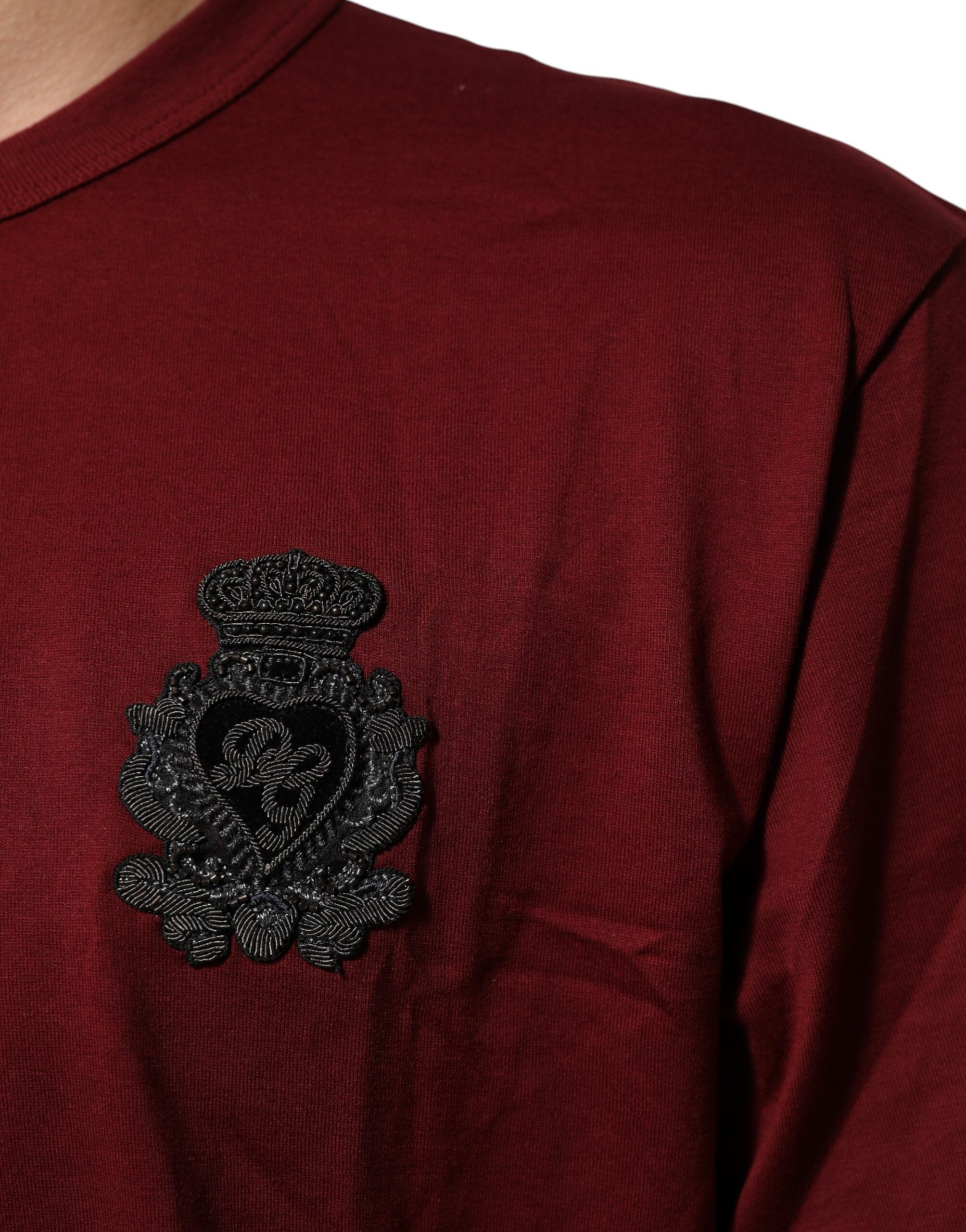 Dolce & Gabbana Bordeaux Red Cotton Crest Logo Patch T-Shirt