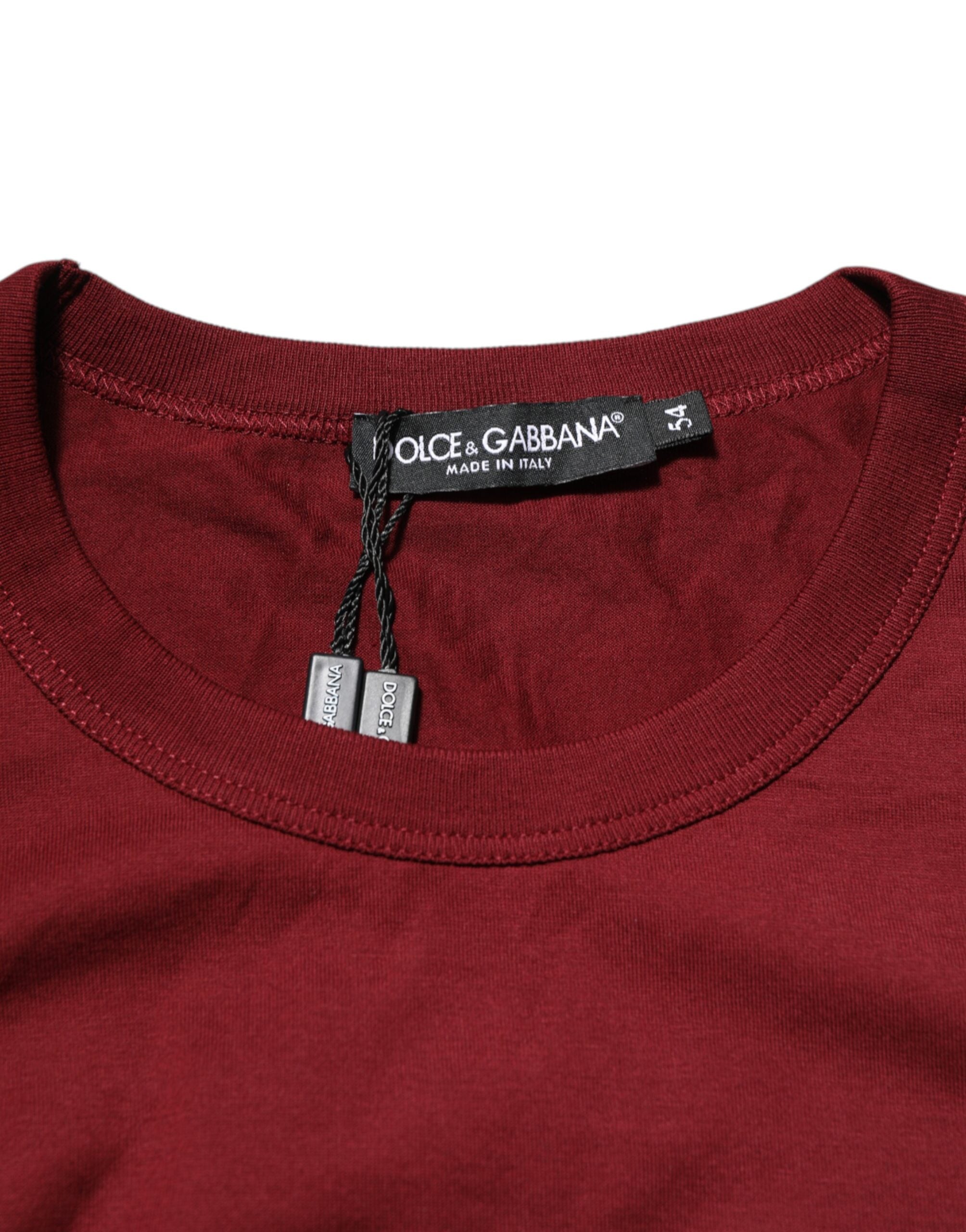 Dolce & Gabbana Bordeaux Red Cotton Crest Logo Patch T-Shirt