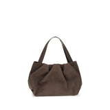 THEMOIRè Athena Shoulder Bag in brown suede with soft pleats and dual top handles, ideal for women’s everyday fashion and accessories.