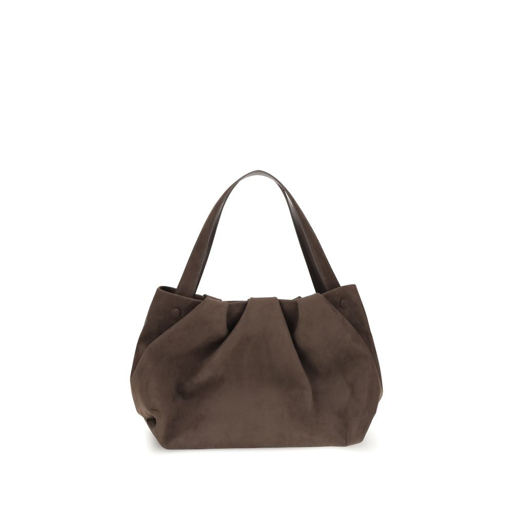 THEMOIRè Athena Shoulder Bag in brown suede with soft pleats and dual top handles, ideal for women’s everyday fashion and accessories.