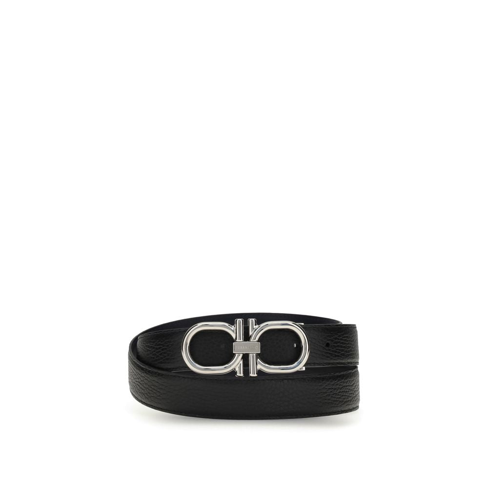 Ferragamo Gancini reversible belt in black leather with silver-tone Gancini buckle, ideal for men's accessories and formal wear.