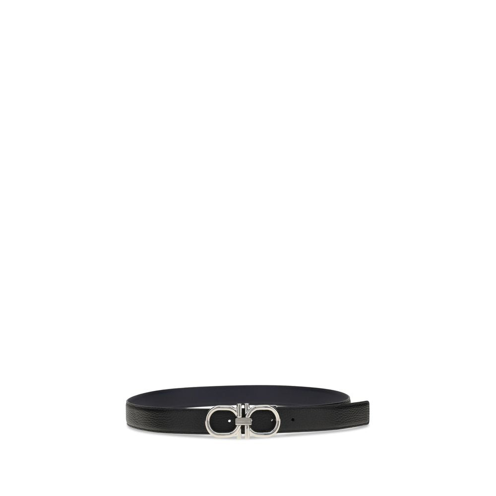 Men's Ferragamo Gancini reversible belt featuring sleek black leather and signature silver Gancini buckle, perfect for versatile styling.