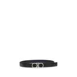 Men's Ferragamo Gancini reversible belt featuring sleek black leather and signature silver Gancini buckle, perfect for versatile styling.
