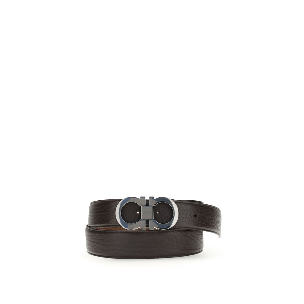 Ferragamo Reversible Gancini Belt in brown leather with signature double Gancini buckle, ideal for men's accessories and formal wear.