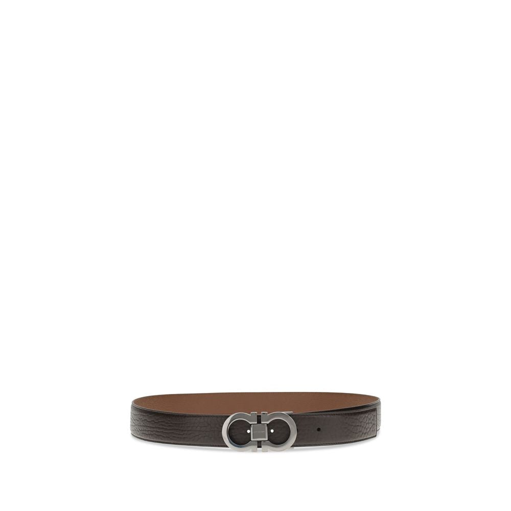 Men's Ferragamo Reversible Gancini Belt featuring brown textured leather and sleek metallic buckle, perfect for versatile styling.