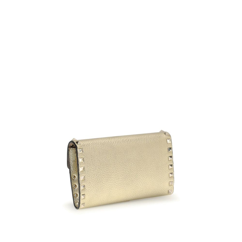 Back view of Valentino Garavani Rockstud chain Wallet in gold leather, highlighting clean design and studded trim for elegant women’s accessories.
