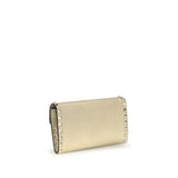 Back view of Valentino Garavani Rockstud chain Wallet in gold leather, highlighting clean design and studded trim for elegant women’s accessories.