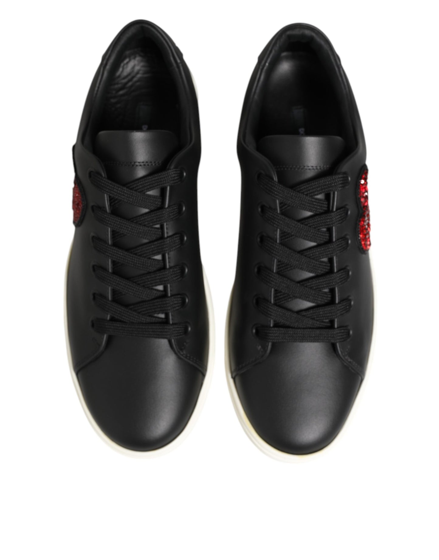 Dolce & Gabbana Black White Leather Crystal Heart Sneakers Shoes