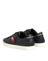 Dolce & Gabbana Black White Leather Crystal Heart Sneakers Shoes