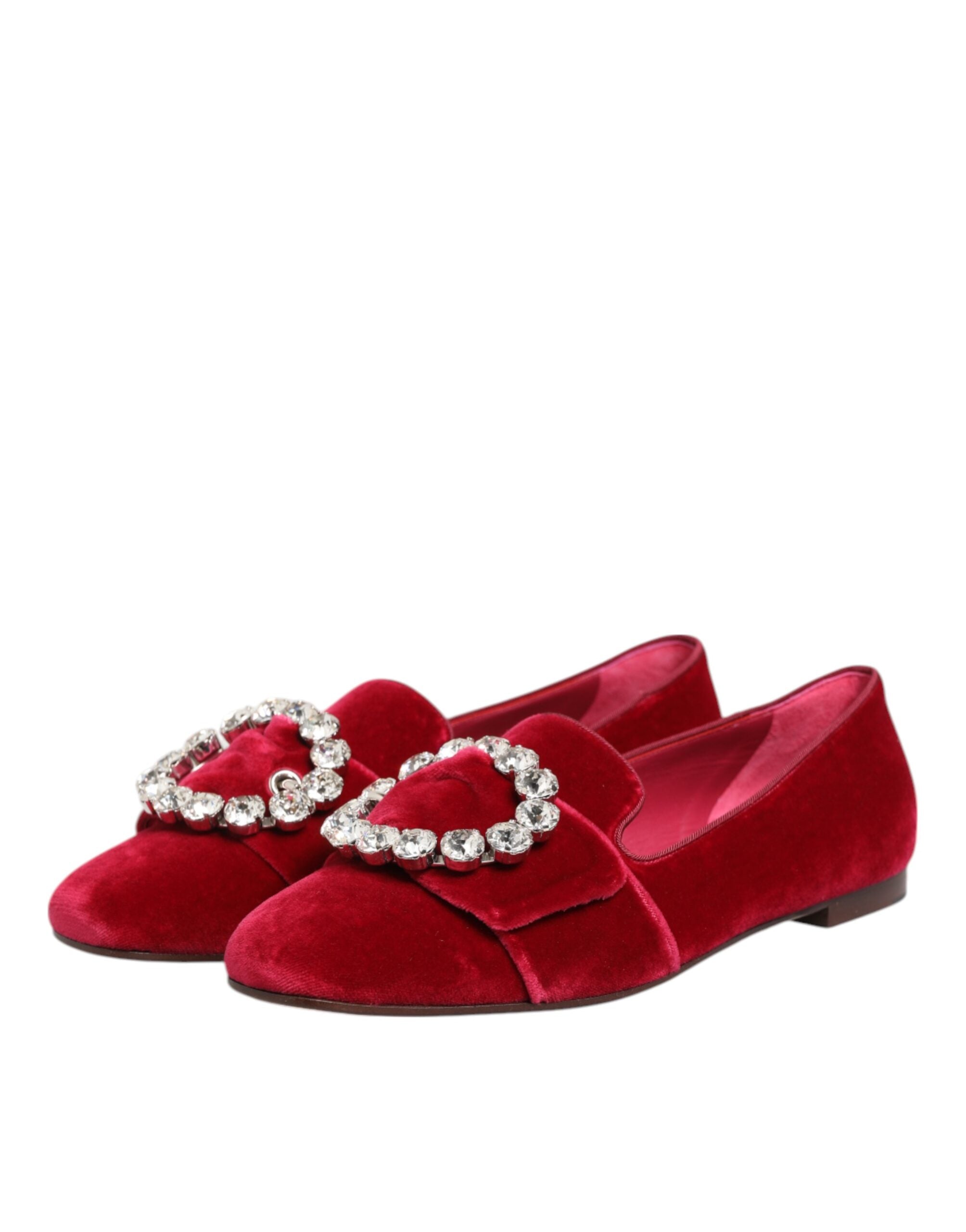 Dolce & Gabbana Red Velvet Crystal Buckle Loafers Flats Shoes