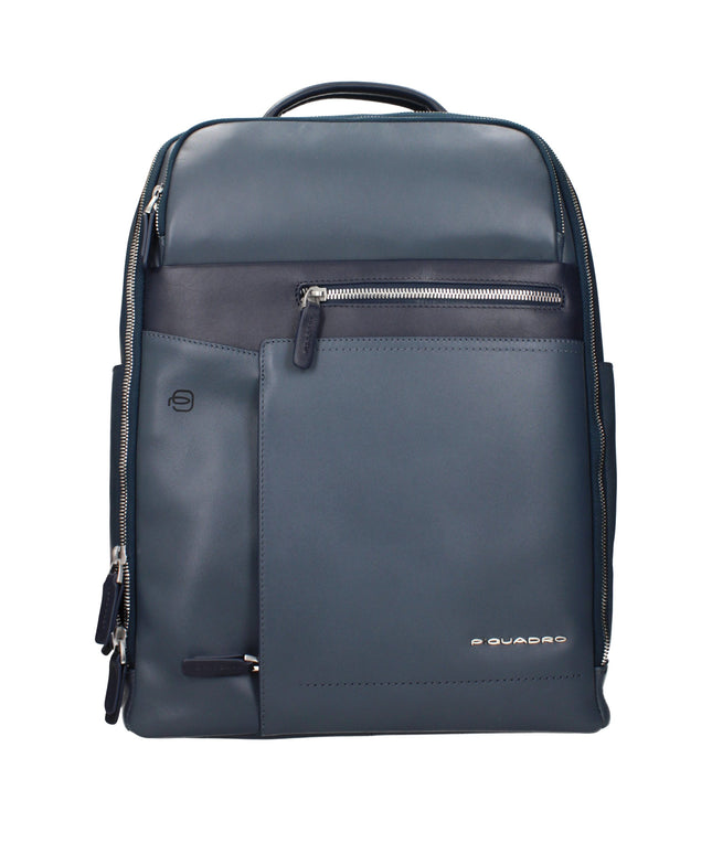 Piquadro Blue Leather Backpack with front zip pocket and sleek modern design, ideal for men’s business or travel use.