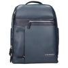 Piquadro Blue Leather Backpack with front zip pocket and sleek modern design, ideal for men’s business or travel use.