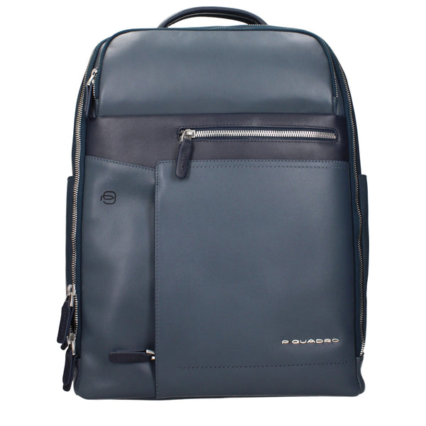 Piquadro Blue Leather Backpack with front zip pocket and sleek modern design, ideal for men’s business or travel use.