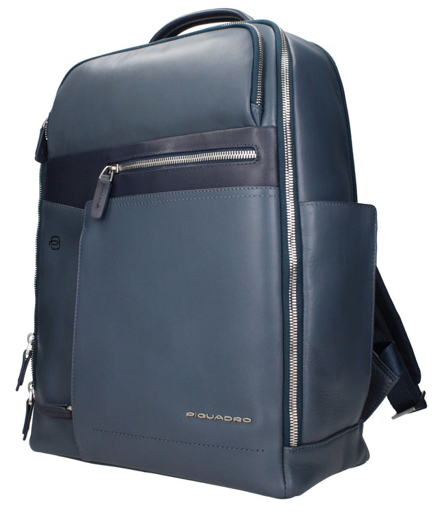 Side view of Piquadro Blue Leather Backpack showing spacious compartments and premium finish for stylish everyday carry.