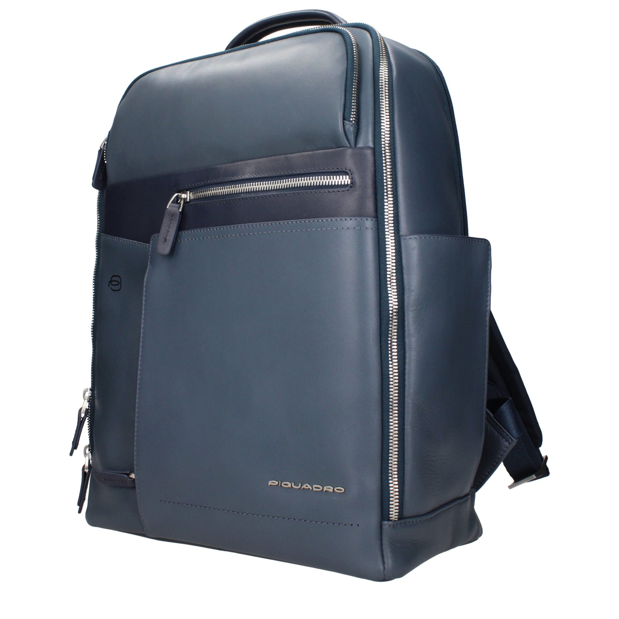 Side view of Piquadro Blue Leather Backpack showing spacious compartments and premium finish for stylish everyday carry.