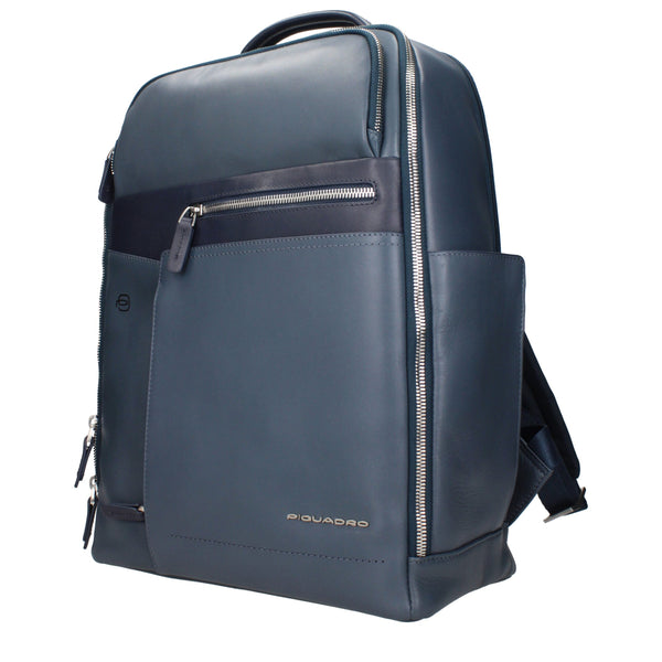 Side view of Piquadro Blue Leather Backpack showing spacious compartments and premium finish for stylish everyday carry.