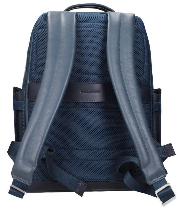 Back view of Piquadro Blue Leather Backpack featuring padded straps and breathable mesh panel for comfortable wear.