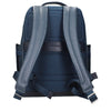 Back view of Piquadro Blue Leather Backpack featuring padded straps and breathable mesh panel for comfortable wear.