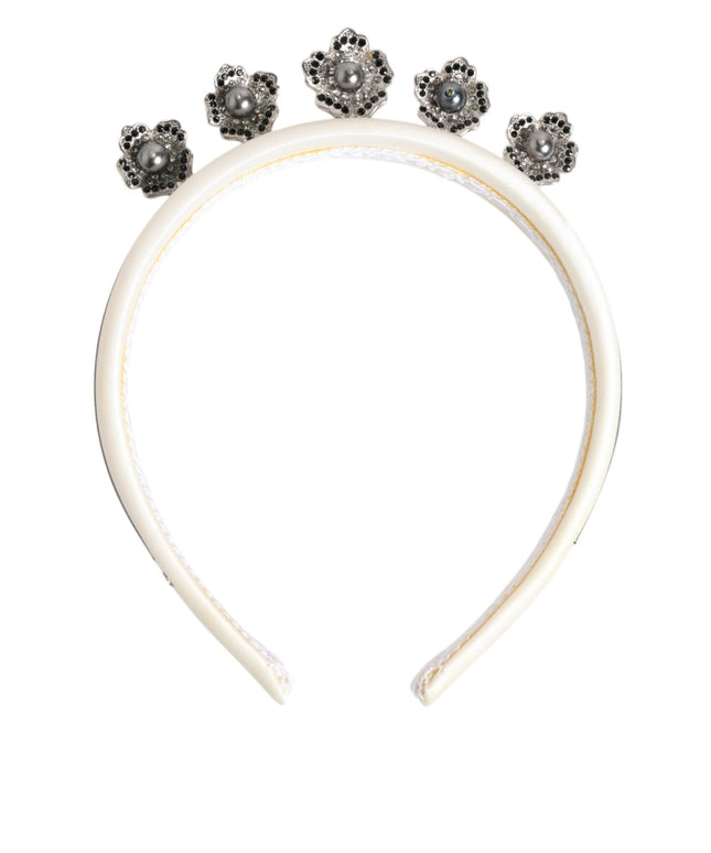 Dolce & Gabbana White Satin Palladium Silver Floral Crown Tiara Headband