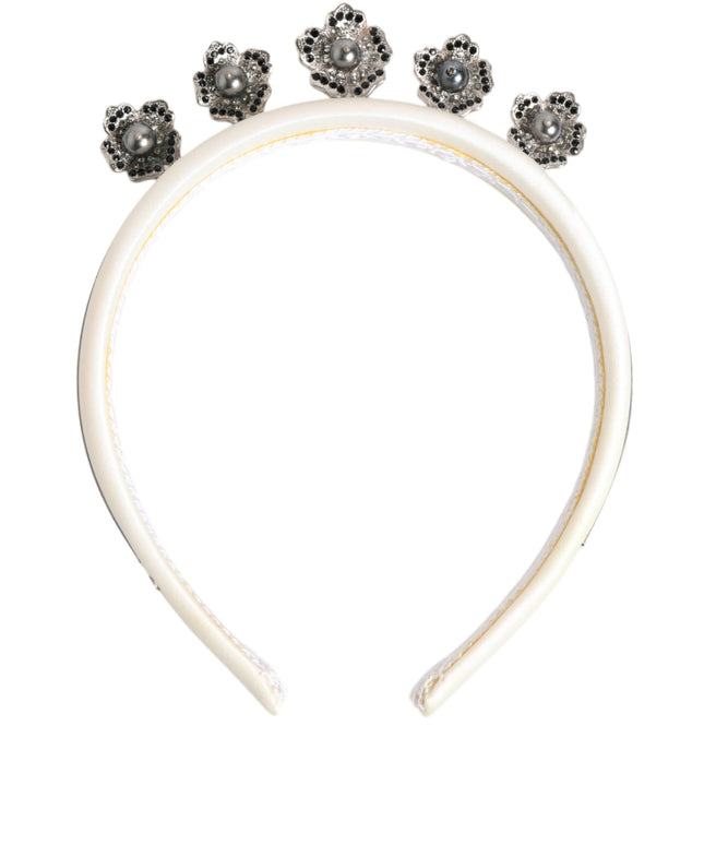 Dolce & Gabbana White Satin Palladium Silver Floral Crown Tiara Headband