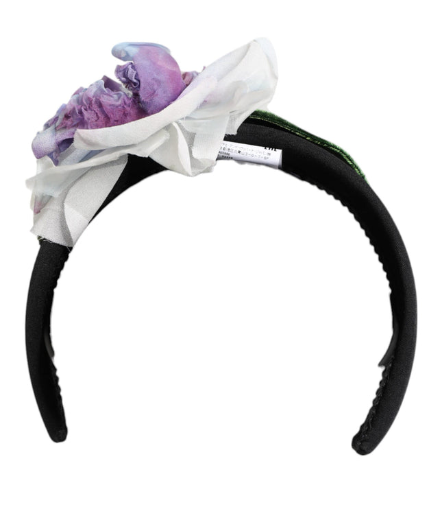 Dolce & Gabbana Black Green Silk Purple White Floral Appliqué Accessory Headband