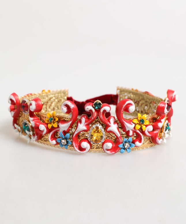 Dolce & Gabbana Red Carretto Multicolor Crystal Gold Tiara Crow Headband
