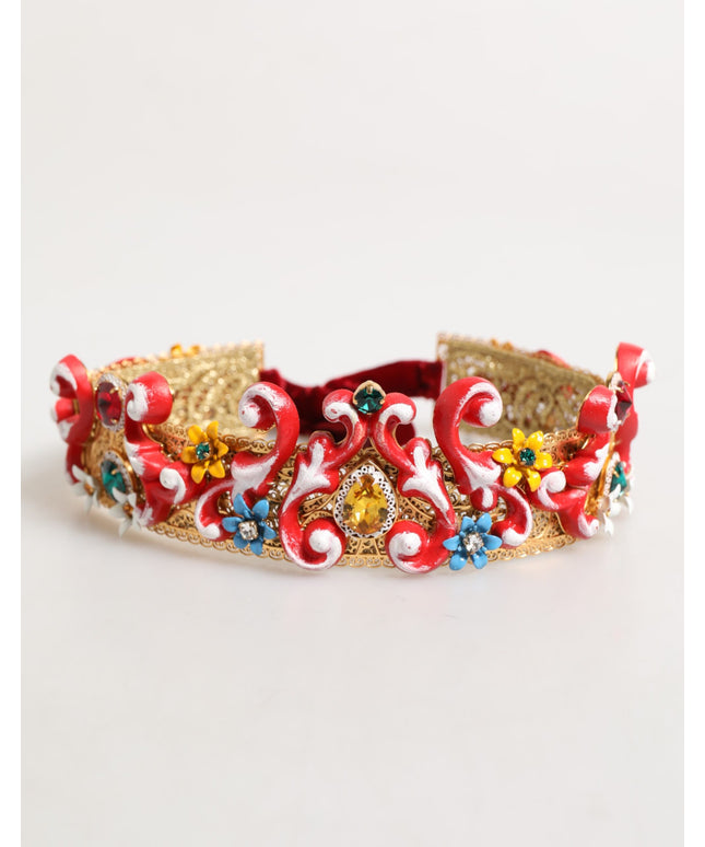Dolce & Gabbana Red Carretto Multicolor Crystal Gold Tiara Crow Headband