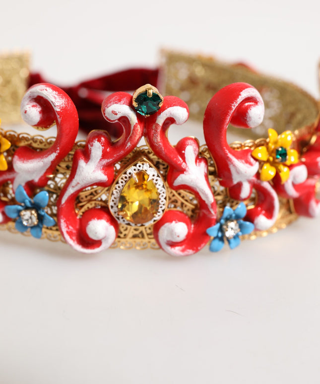 Dolce & Gabbana Red Carretto Multicolor Crystal Gold Tiara Crow Headband