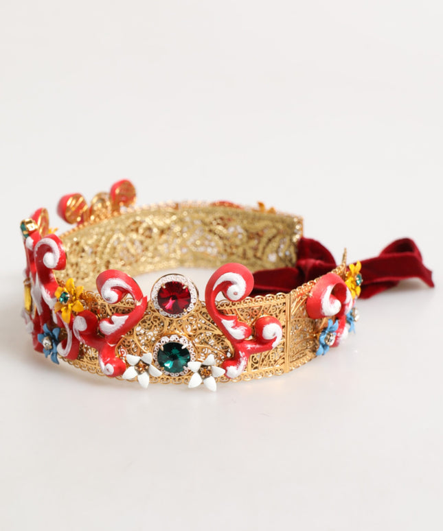 Dolce & Gabbana Red Carretto Multicolor Crystal Gold Tiara Crow Headband
