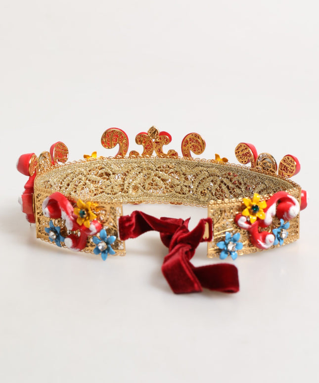 Dolce & Gabbana Red Carretto Multicolor Crystal Gold Tiara Crow Headband