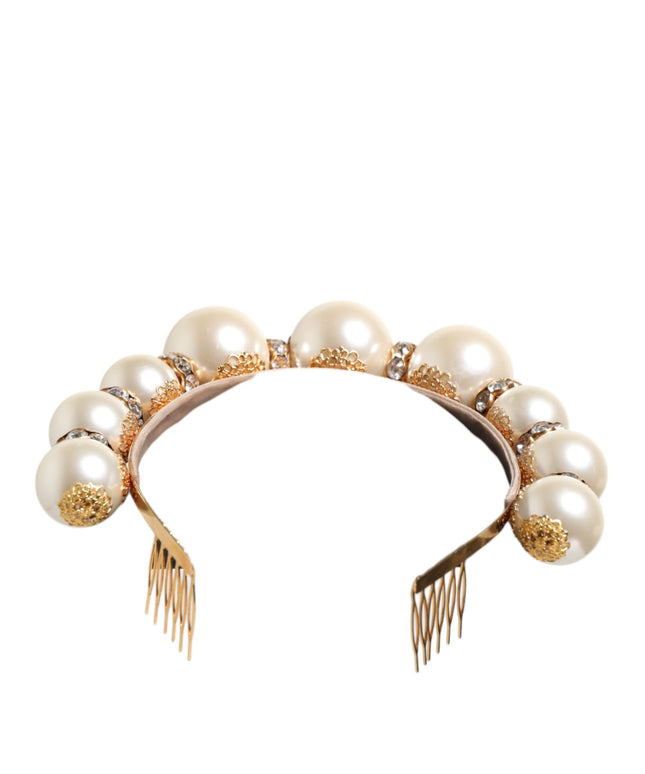 Dolce & Gabbana Gold Pearl Crystal Embellished Tiara Hair Accessory Headband
