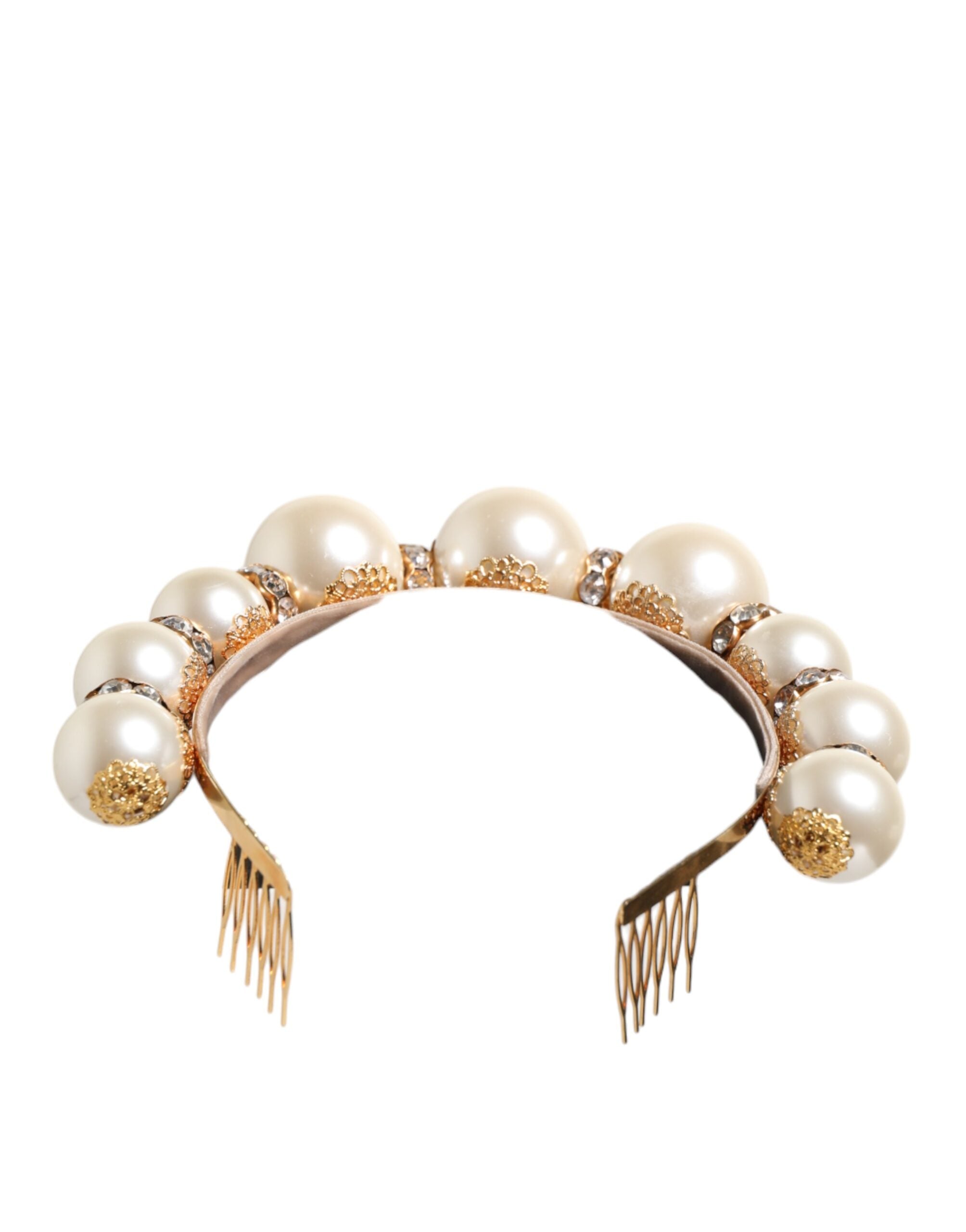 Dolce & Gabbana Gold Pearl Crystal Embellished Tiara Hair Accessory Headband