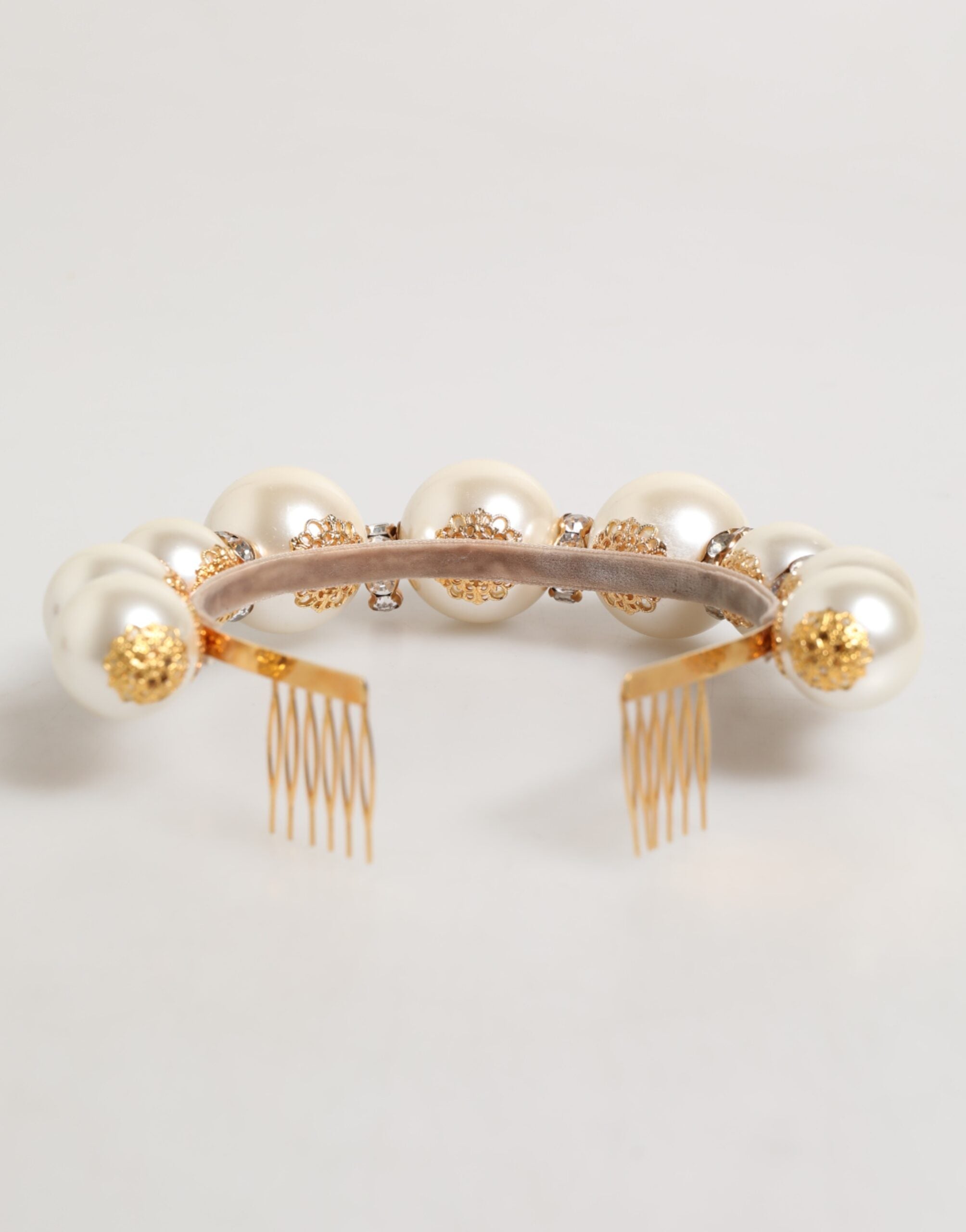 Dolce & Gabbana Gold Pearl Crystal Embellished Tiara Hair Accessory Headband