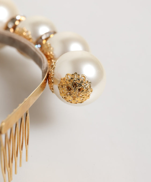 Dolce & Gabbana Gold Pearl Crystal Embellished Tiara Hair Accessory Headband