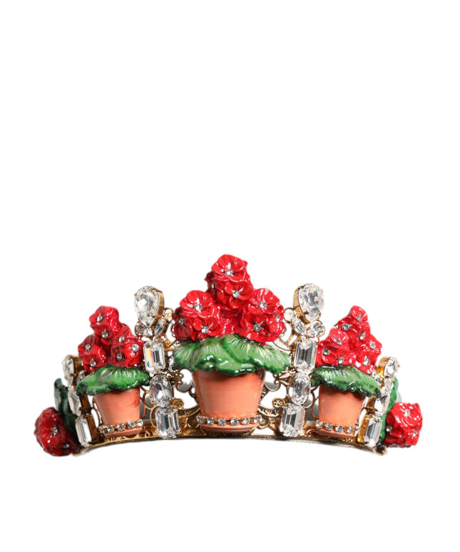 Dolce & Gabbana Red Floral Flowerpot Crystal Gold Crown Tiara Headband