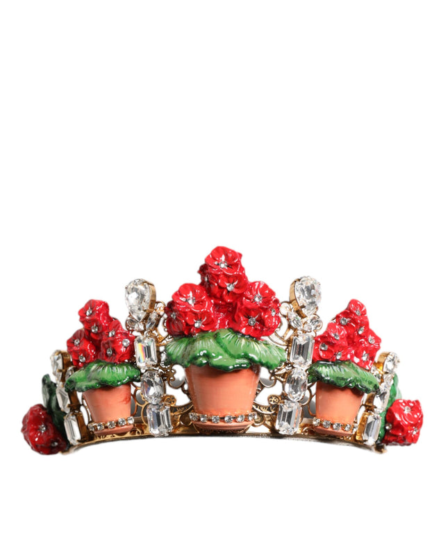 Dolce & Gabbana Red Floral Flowerpot Crystal Gold Crown Tiara Headband
