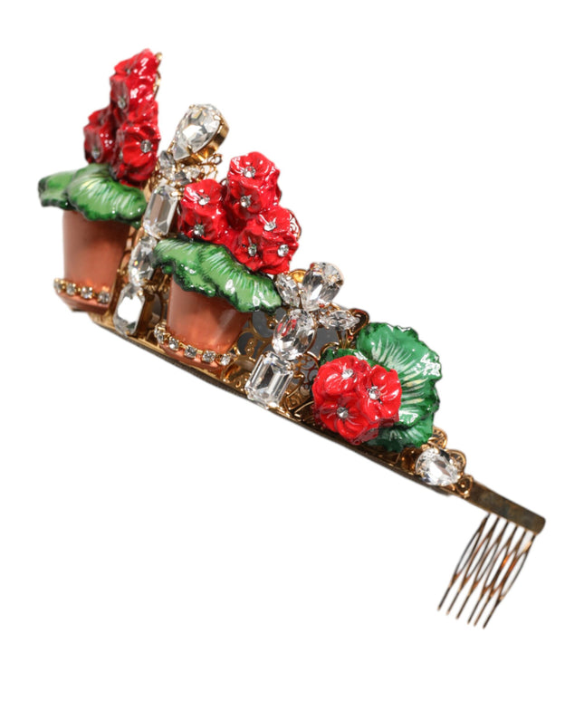 Dolce & Gabbana Red Floral Flowerpot Crystal Gold Crown Tiara Headband