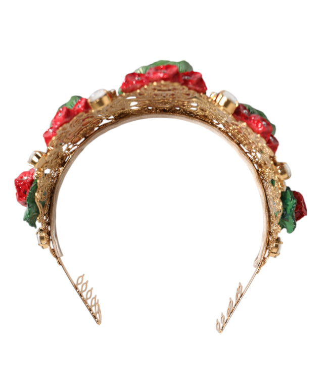 Dolce & Gabbana Red Floral Flowerpot Crystal Gold Crown Tiara Headband