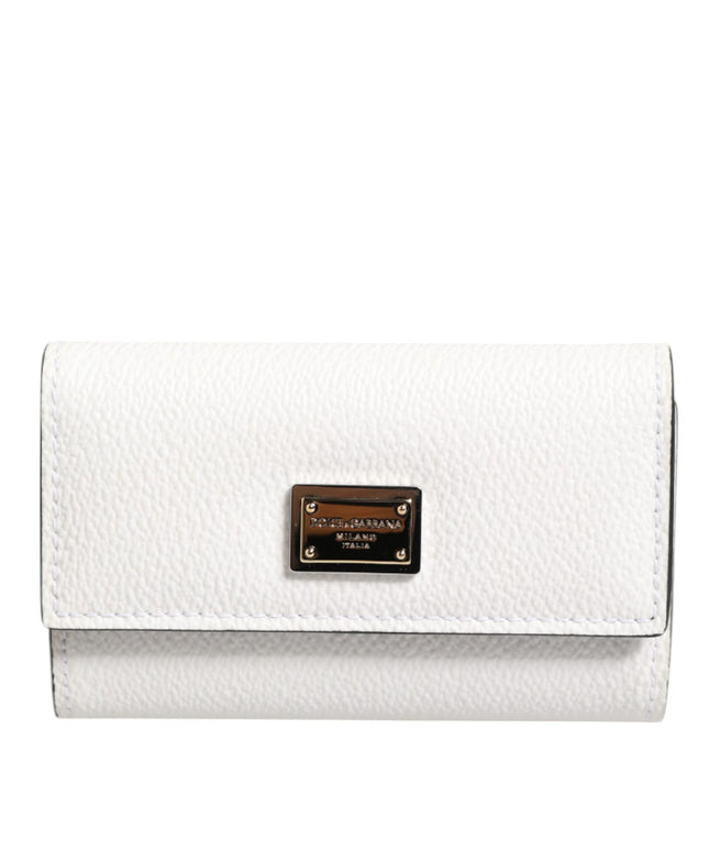 Dolce & Gabbana White Leather Card Case Holder Wallet Gold Logo Plate  Key Holder