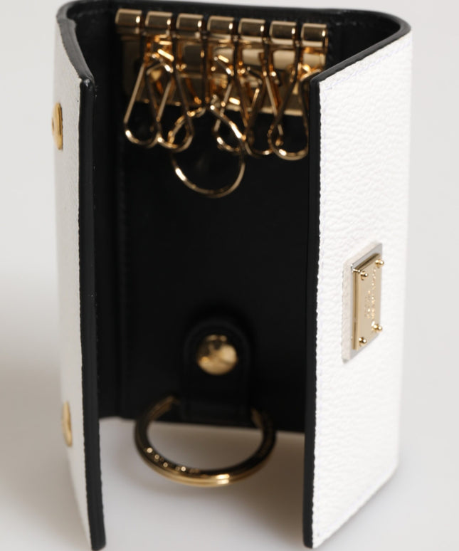 Dolce & Gabbana White Leather Card Case Holder Wallet Gold Logo Plate  Key Holder