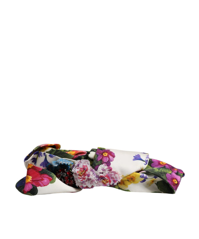 Dolce & Gabbana White Multicolor Floral Silk Bow Crystal Embellished Headband
