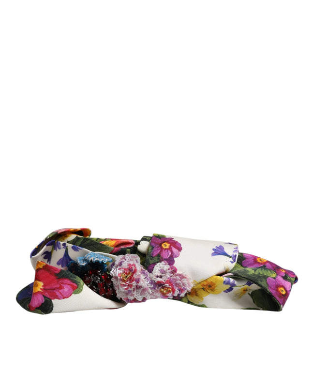 Dolce & Gabbana White Multicolor Floral Silk Bow Crystal Embellished Headband